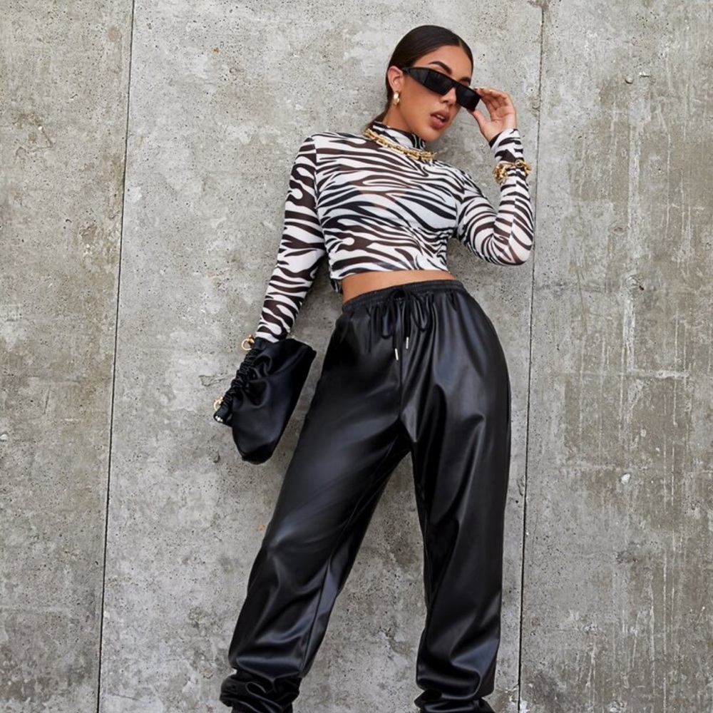 Privé Mock Neck Zebra Striped Sheer Mesh Top Without Bra - Picture 3 of 4